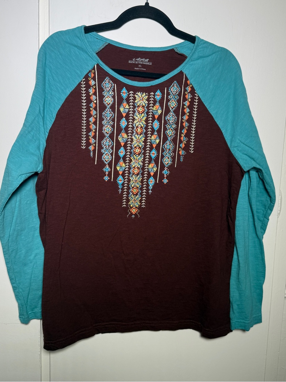 Back in the Saddle Teal & Brown Embroidered Raglan L/S Rodeo Top Womens XL